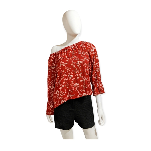 New Trend Off-Shoulder Long Sleeve Floral Top Dark Red - Picture 9 of 12